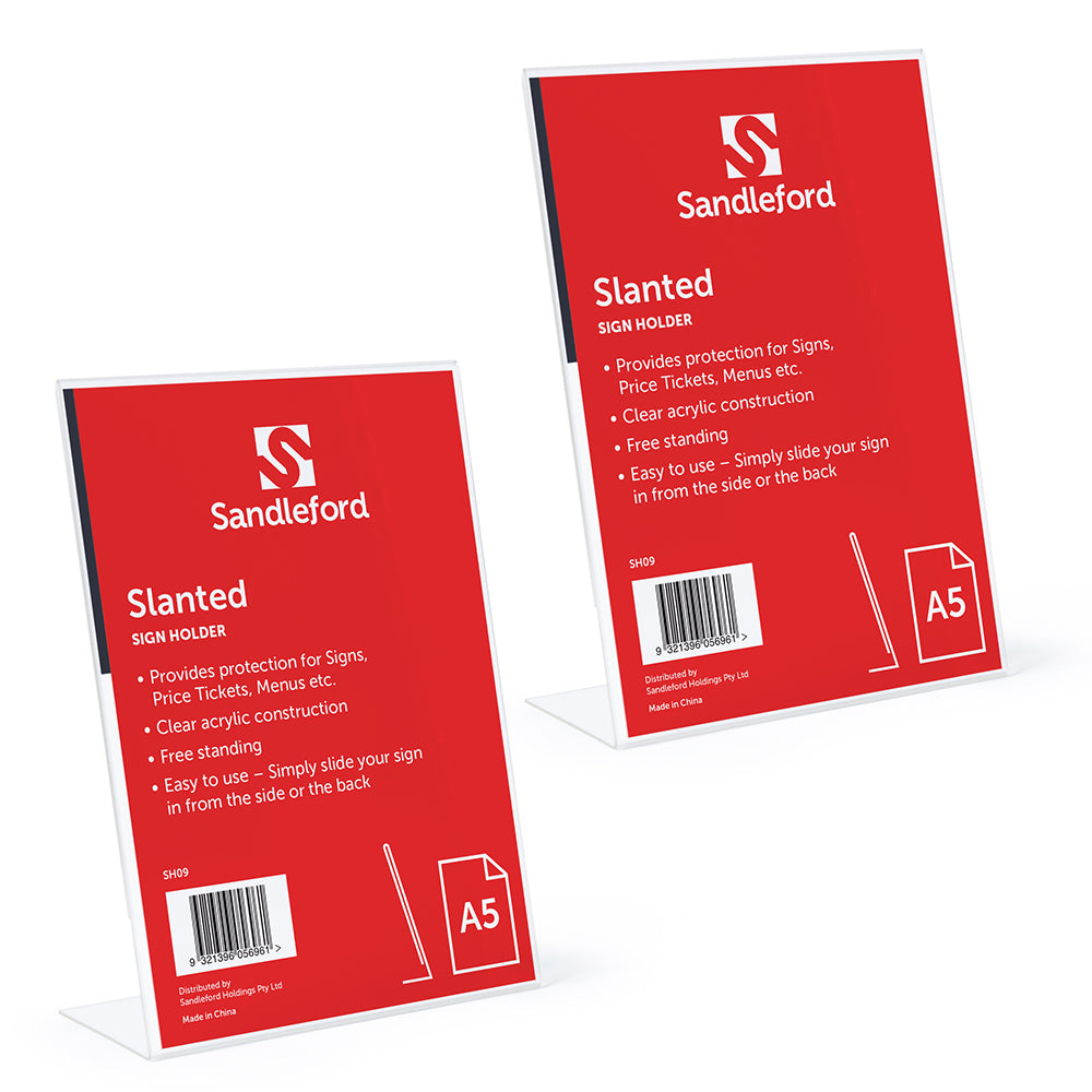 Sandleford 21cm Slanted A5 Acrylic Sign Holder Portrait Acrylic Stand Clear (2 Pack)