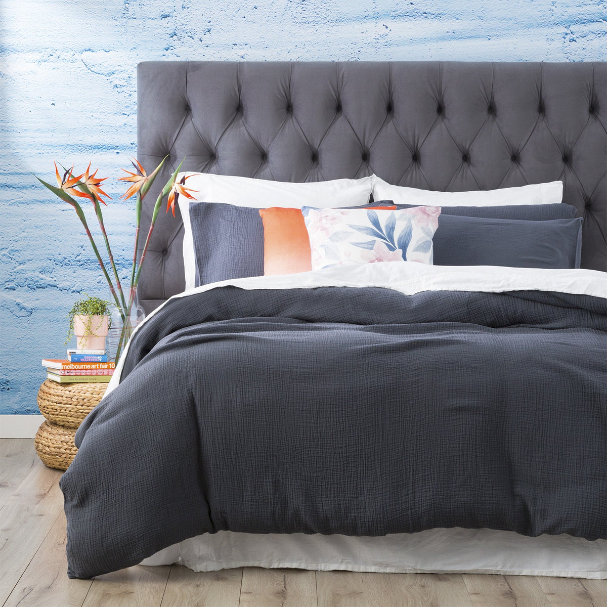 Renee Taylor Medallion 65cm Pillowcase Soft Cover Cotton Vintage Washed Tufted European — Blue