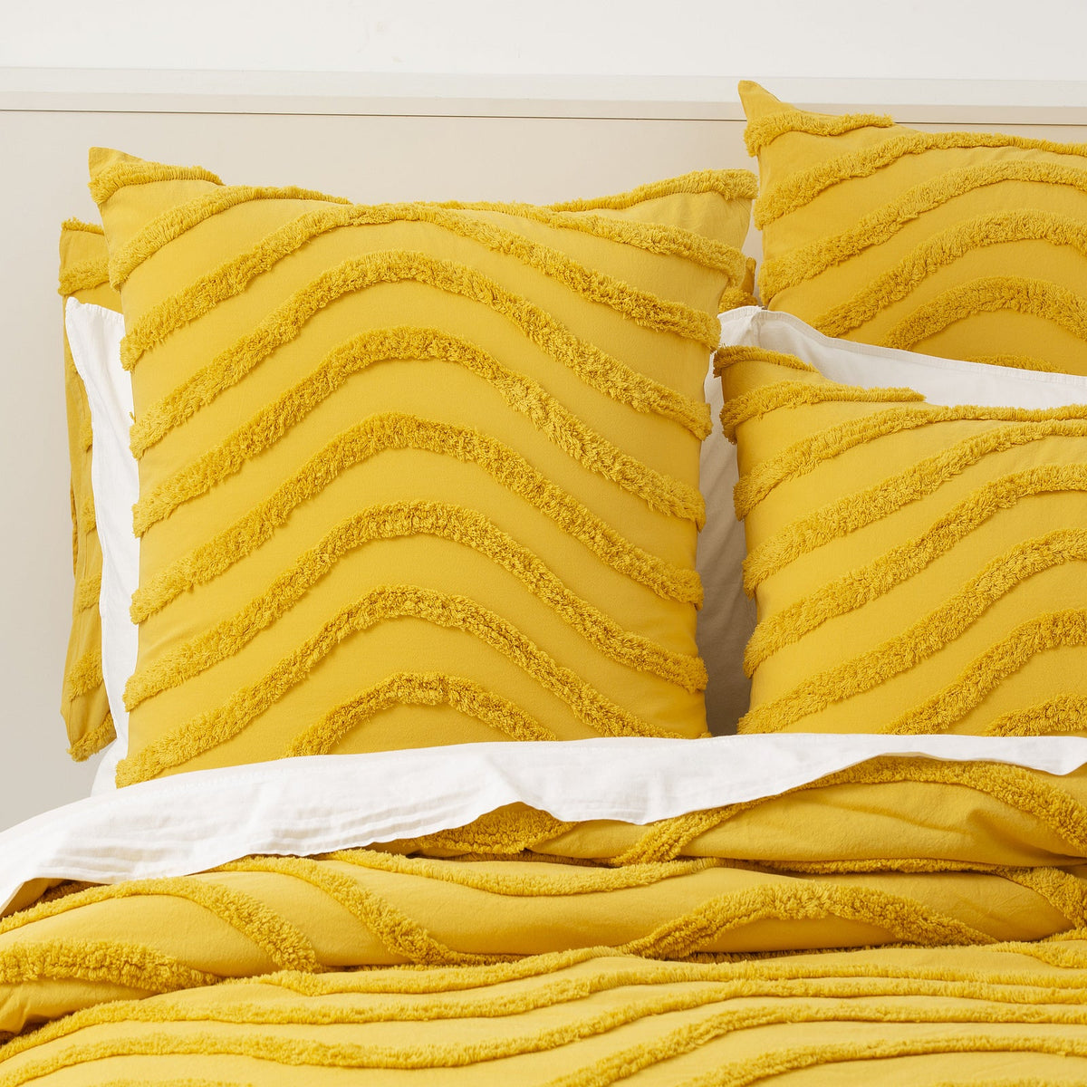 Cloud Linen Wave 65cm Pillowcase Cotton Chenille VINT Washed Tufted Euro Mustard — image 3