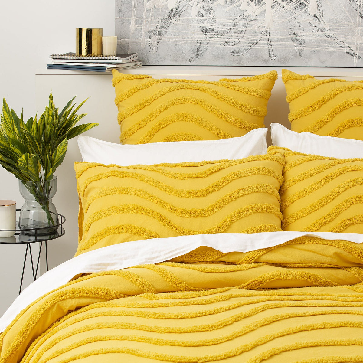 Cloud Linen Wave 65cm Pillowcase Cotton Chenille VINT Washed Tufted Euro Mustard — image 2