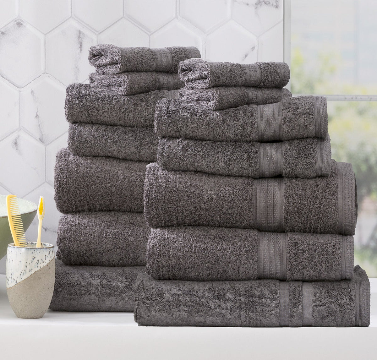 Renee Taylor Stella Bath Towel/Mat Set Soft Bamboo Cotton 650 GSM (14 Pieces) — Charcoal