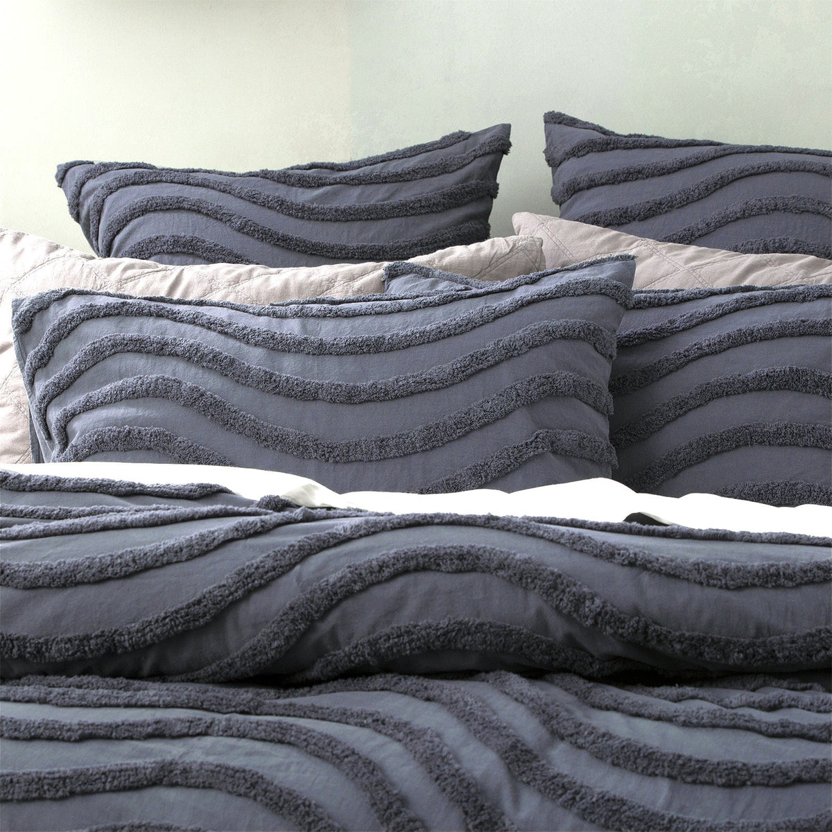 Cloud Linen Wave 65cm Pillowcase Cotton Chenille Vintage Washed Tufted Euro Blue — image 2