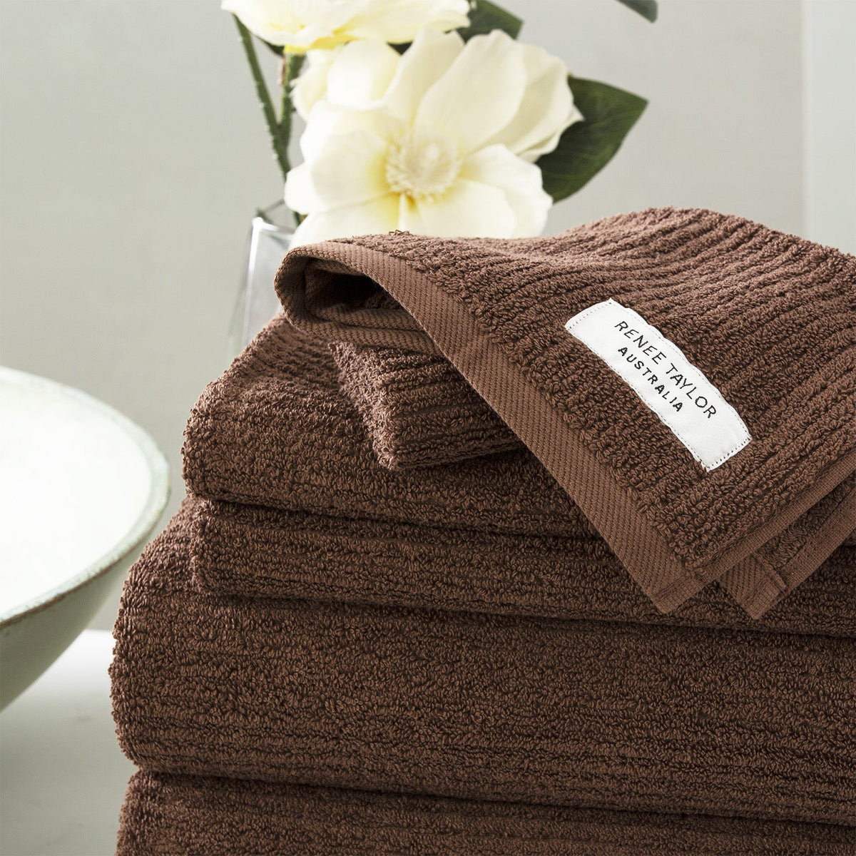 Renee Taylor Cobblestone Hand/Bath Towel Set 650 GSM Cotton Ribbed Toffee (7 Pieces) — image 2