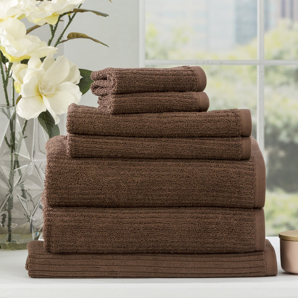 Renee Taylor Cobblestone Hand/Bath Towel Set 650 GSM Cotton Ribbed Toffee (7 Pieces)