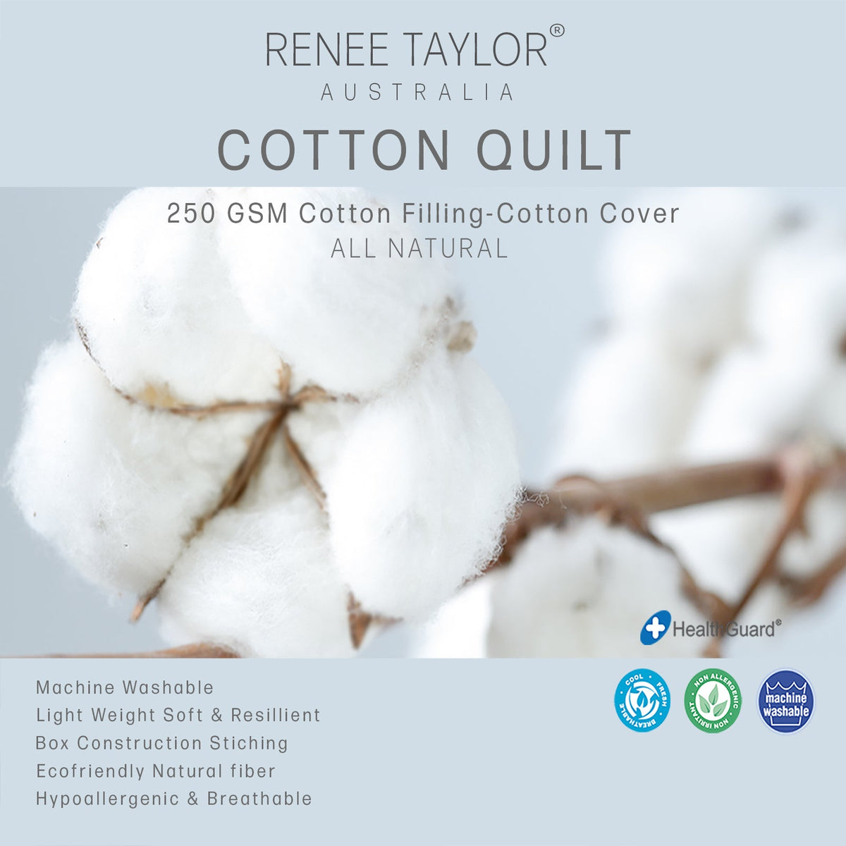 Renee Taylor 250GSM Lightweight Doona Queen Bed 300TC All Natural Cotton Quilt — image 2