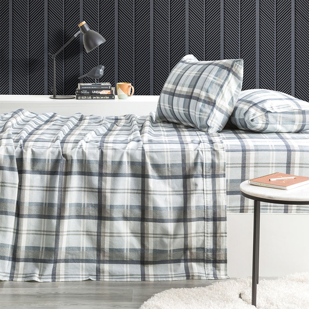 Park Avenue 175GSM Cotton Flannelette King Bed Fitted Sheet Set Heathered Plaid