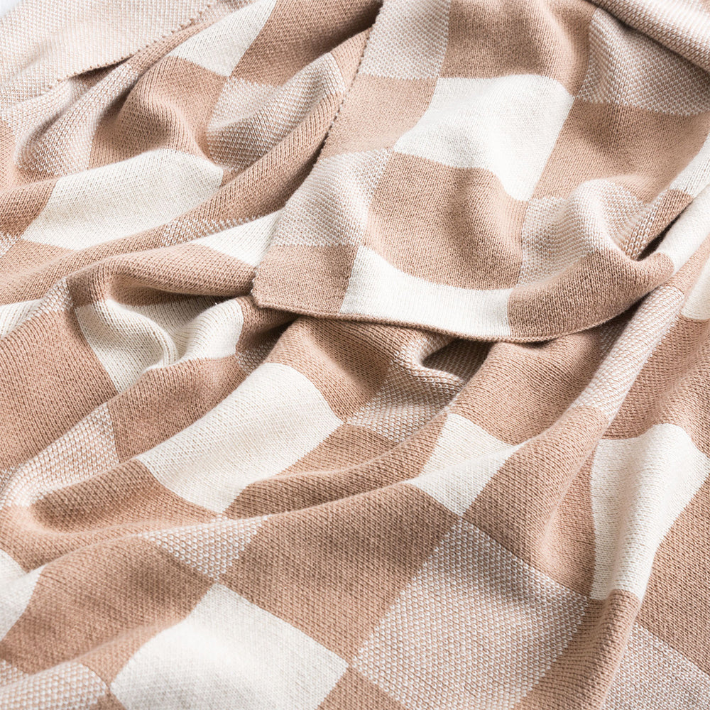Renee Taylor Newport Checkered Cotton 130x170cm Knitted Throw Blanket — Tan