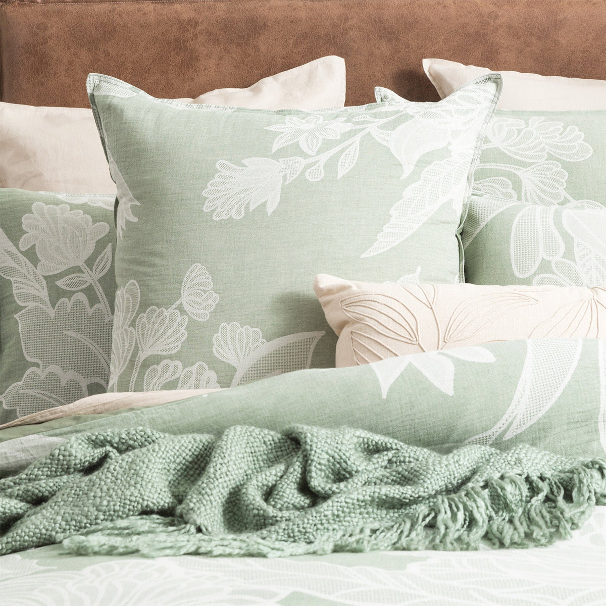 Renee Taylor Bentley Cotton Jacquard European Pillowcase 65cm Cover Sage Green