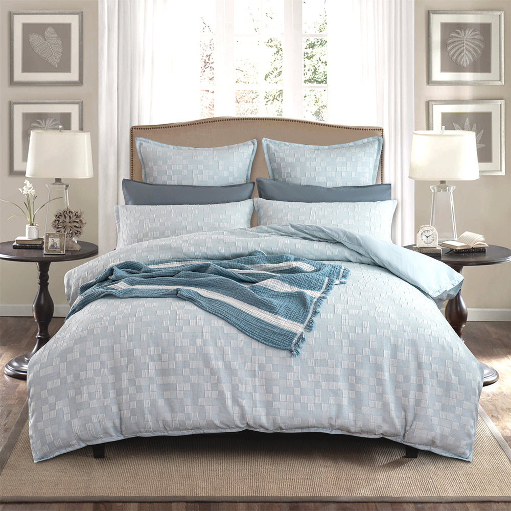 Renee Taylor Jervis Checks Jacquard King Quilt Cover w/ Pillowcases French Blue — image 3