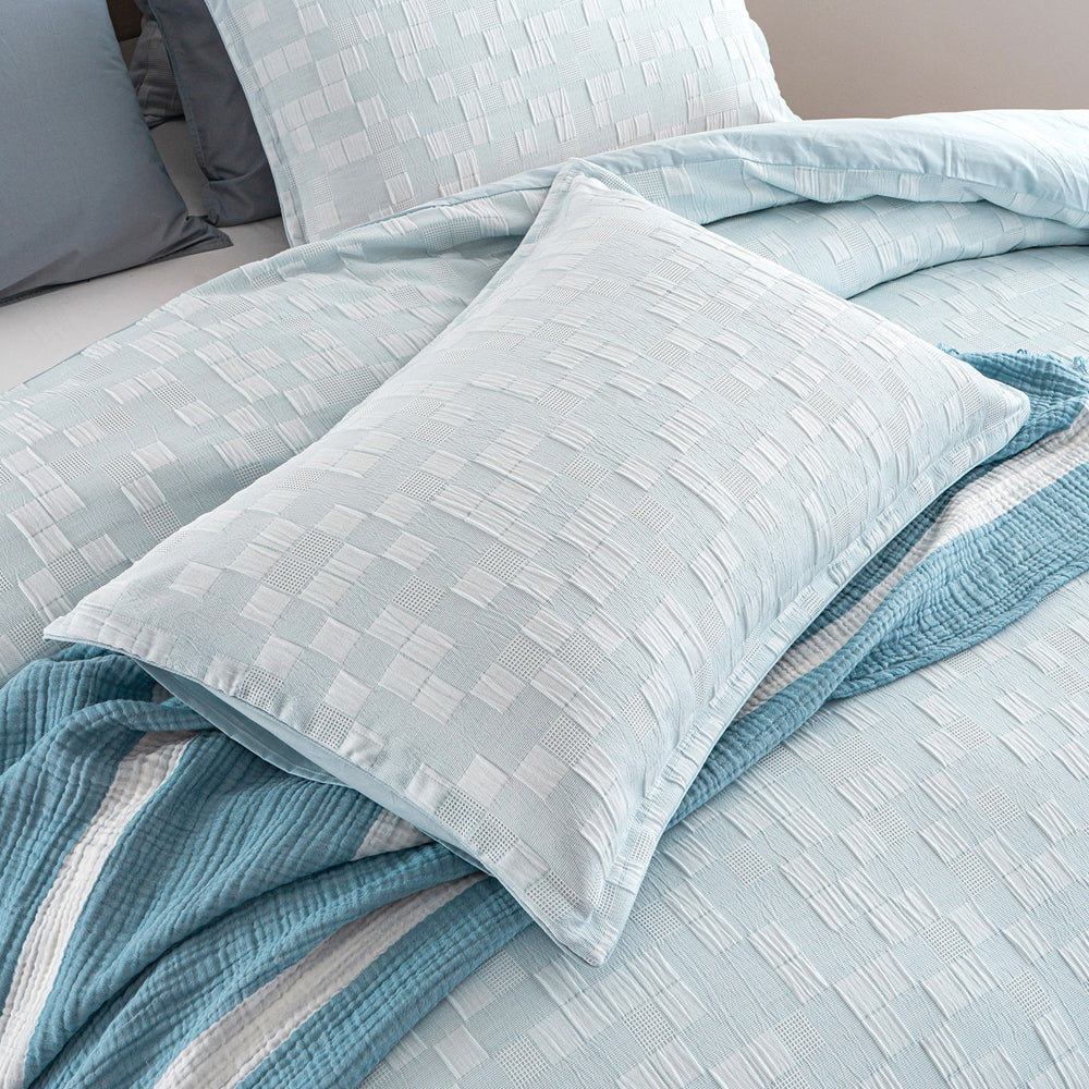 Renee Taylor Jervis Checks Jacquard King Quilt Cover w/ Pillowcases French Blue