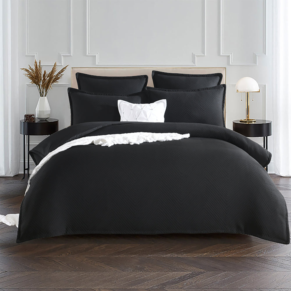 Renee Taylor Chevron Jacquard Queen Quilt Cover w/ Pillowcases Bedding Set Black — image 4