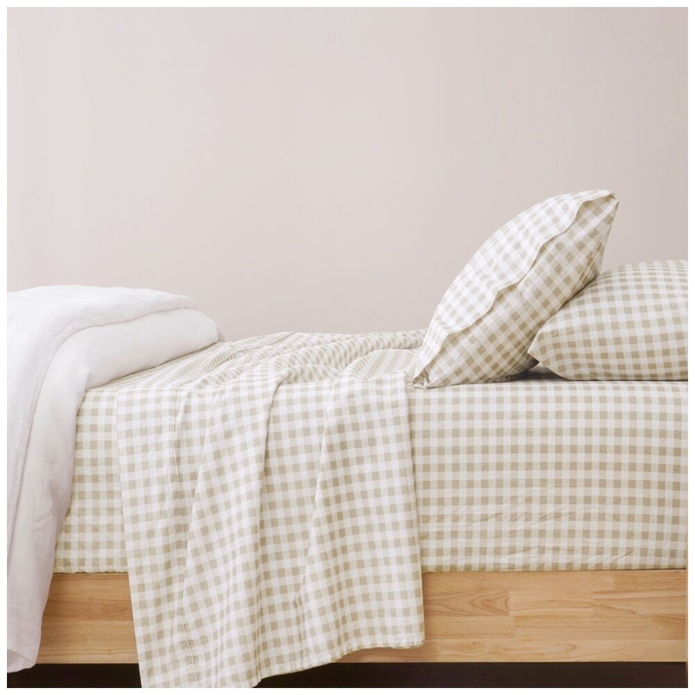 Renee Taylor 250TC Bran Gingham Patterned Cotton Sheet Set Beige — image 2
