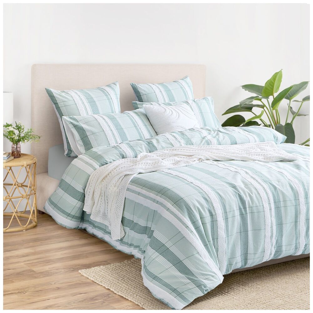 Renee Taylor Syracuse Quilt Duvet Cover Set Sage Green White Stripe — image 2
