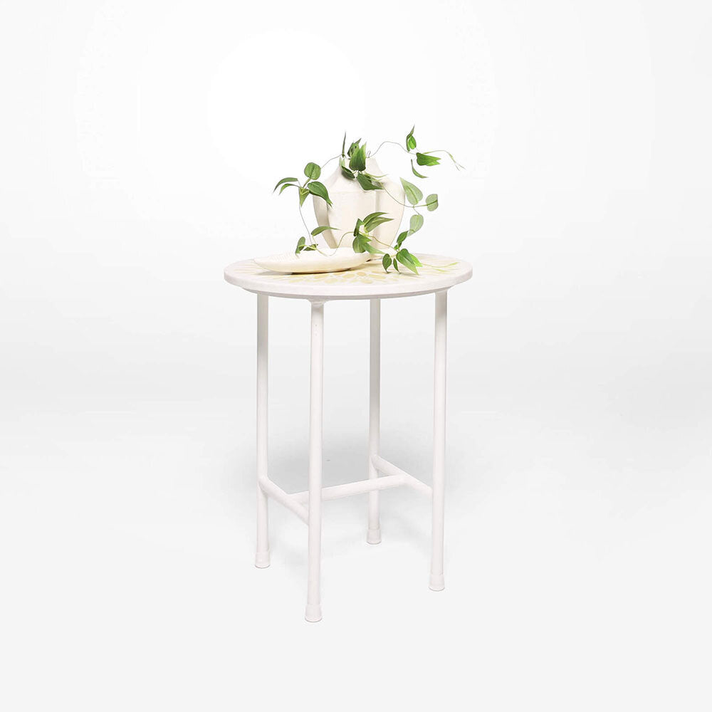 Rayell Marble Side Table Kaleidoscope Print Tan Marble/White Metal Legs 40x50cm — image 2