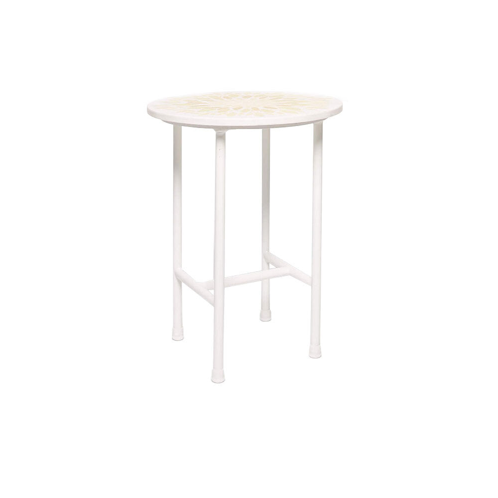 Rayell Marble Side Table Kaleidoscope Print Tan Marble/White Metal Legs 40x50cm