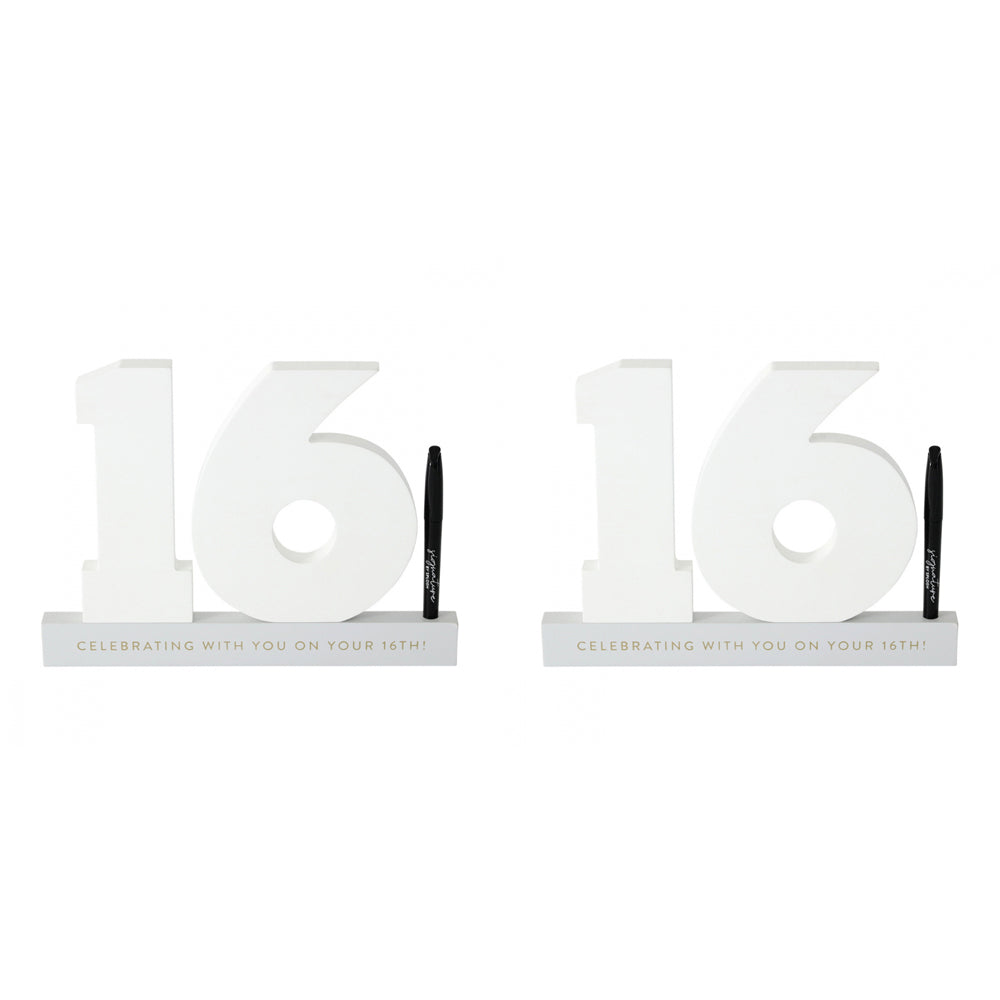 Splosh 16th Birthday Wooden Signature Number w/ Marker Keepsake 29x21cm White (2 Pack)