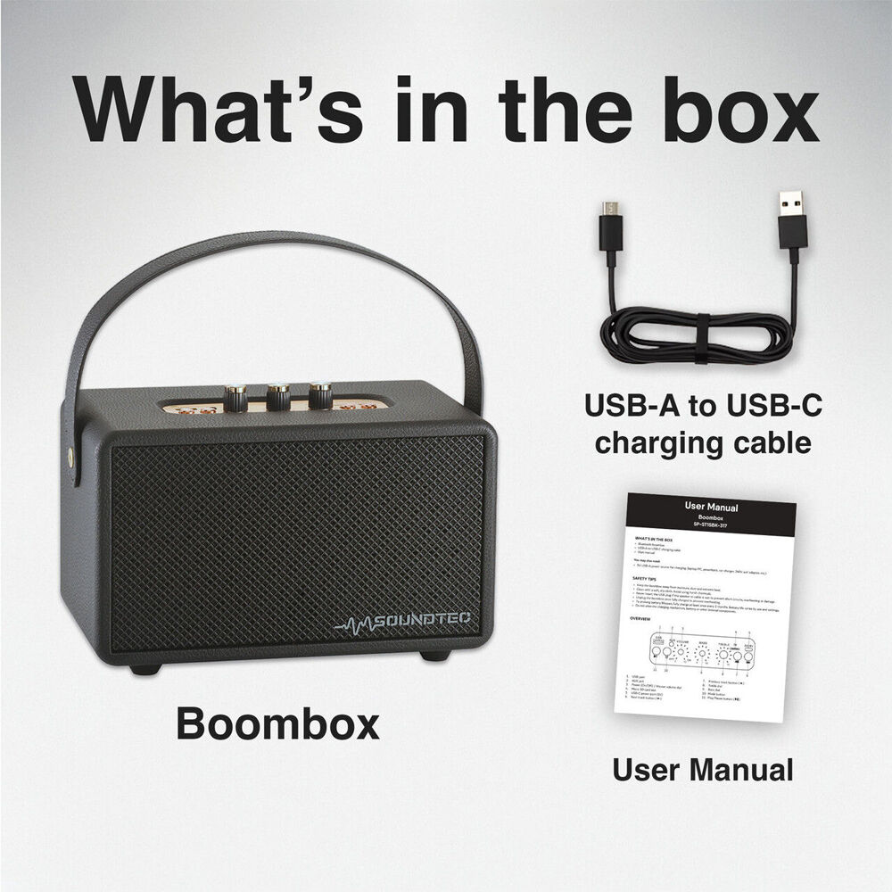 Soundtec Black Retro Portable Bluetooth Wireless Stereo Speaker Boombox — image 9