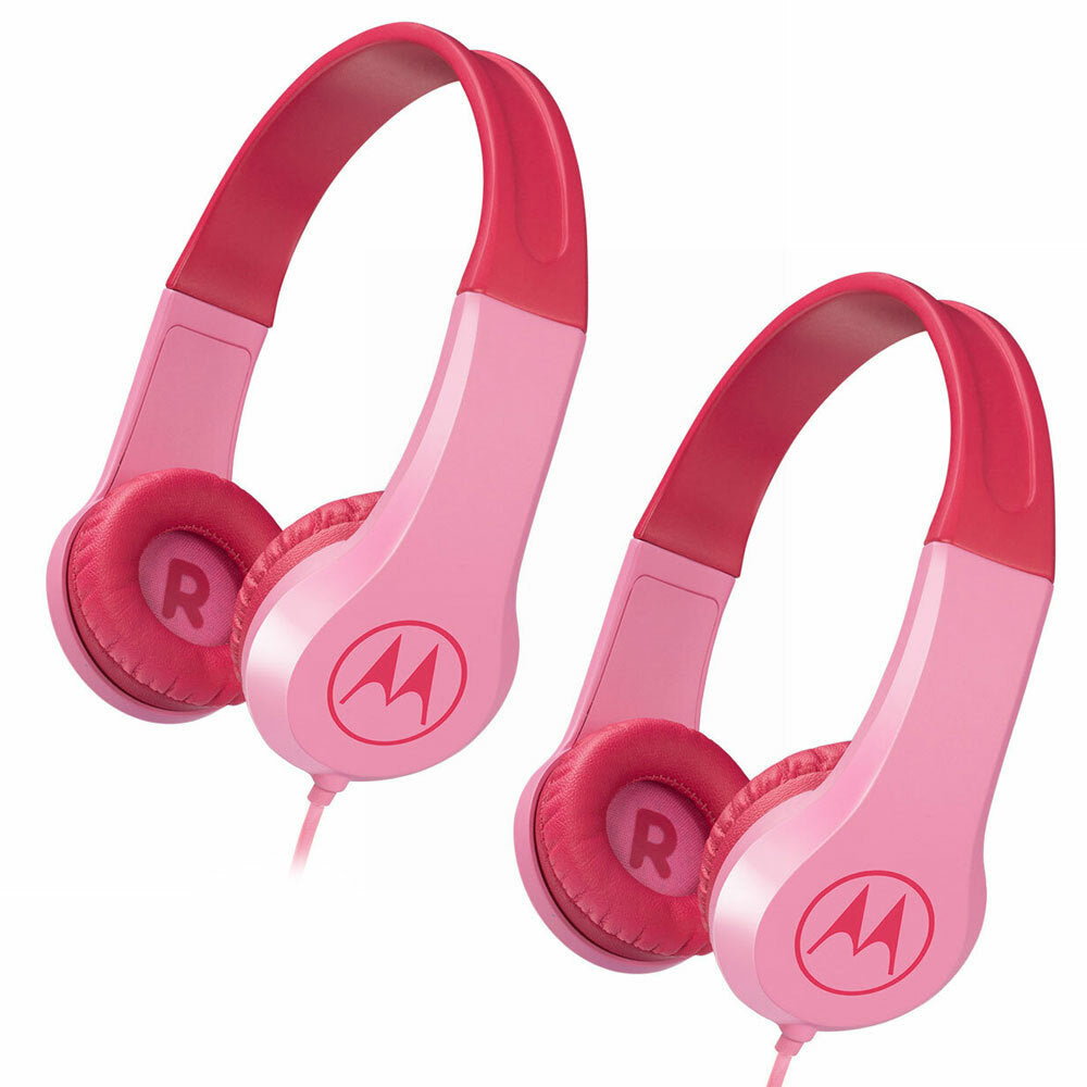 Motorola Kids Safe Wired Over-Ear Headphones w/Mic/3.5mm Audio Splitter Pink (2 Pack)