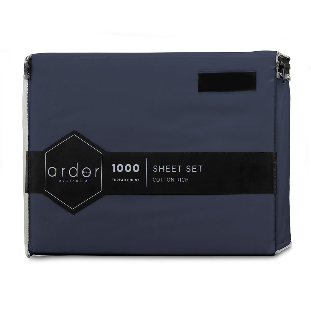 Ardor King Bed Fitted Sheet Set w/Pillowcases 1000TC Cotton Rich Midnight Navy — image 3