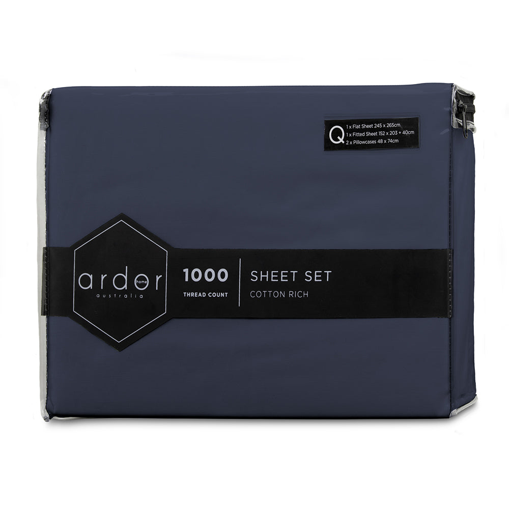 Ardor Queen Bed Fitted Sheet Set Midnight Navy 1000TC Cotton Rich w/Pillowcase — image 3