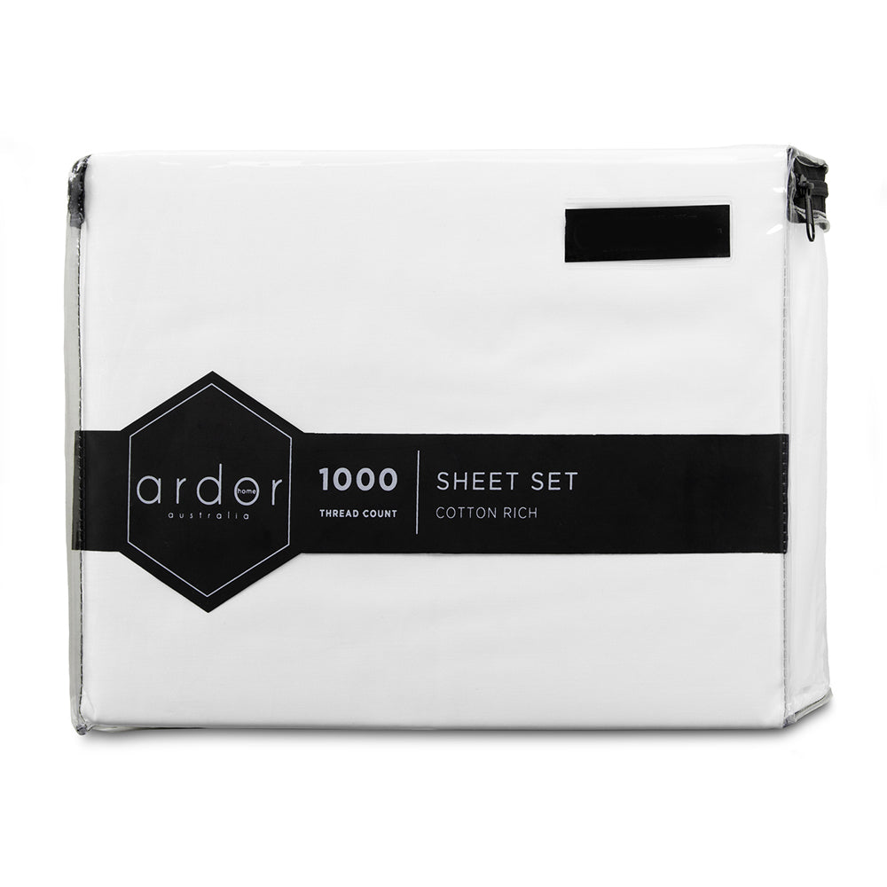 Ardor King Single Bed Fitted Sheet Set w/ Pillowcase 1000TC Cotton Rich White — image 3