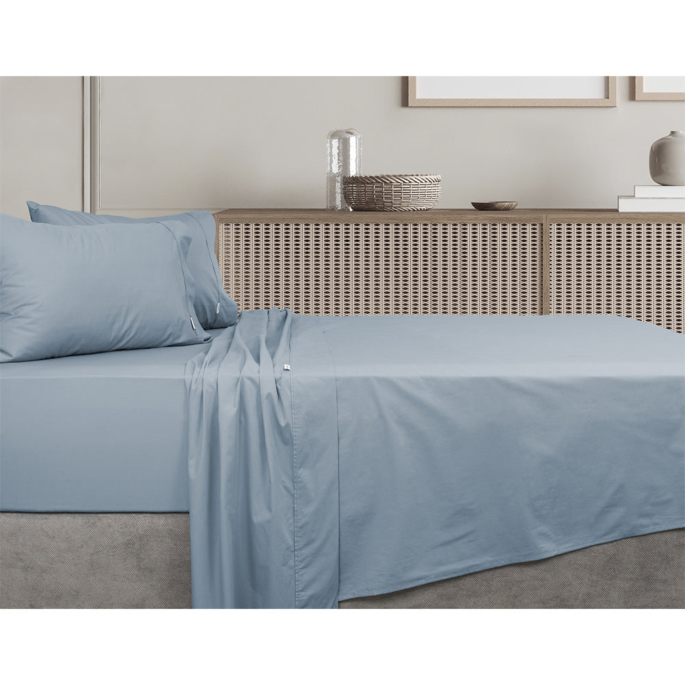 Algodon Single Bed Fitted/Flat Sheet Set w/Pillowcase 300TC Cotton Faded Denim