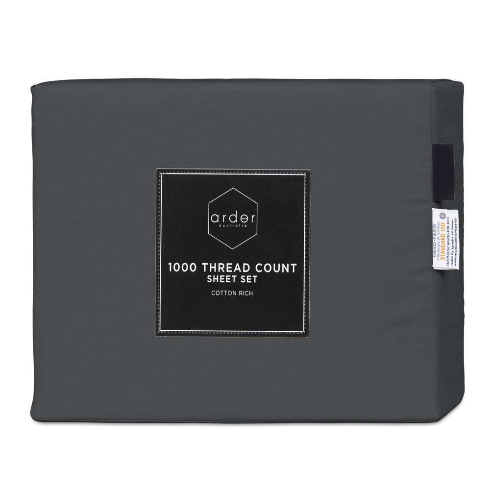 Ardor Single Bed 1000TC Cotton Rich Flat/Fitted/Pillowcase Sheet Set Charcoal — image 3