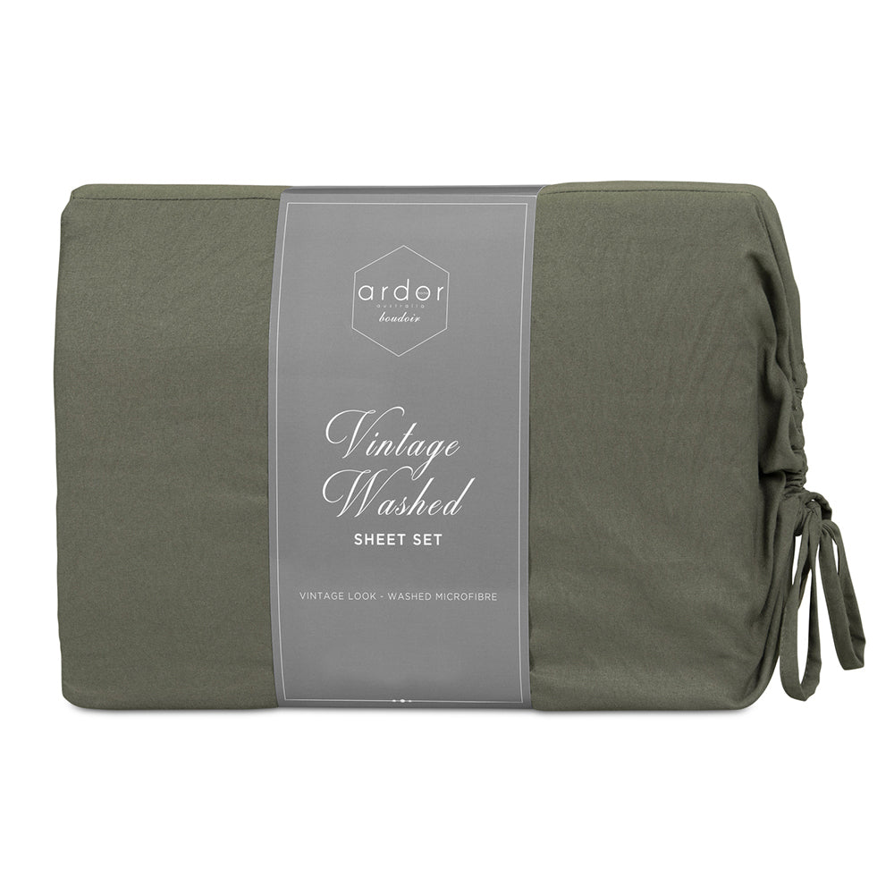 Ardor Boudoir Vintage Washed Queen Bed Fitted Sheet w/ 2x Pillowcases Set Khaki — image 2