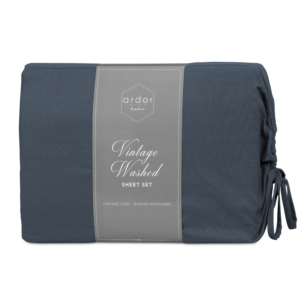 Ardor Boudoir Vintage Washed Double Bed Fitted Sheet w/ 2x Pillowcases Set Navy — image 2