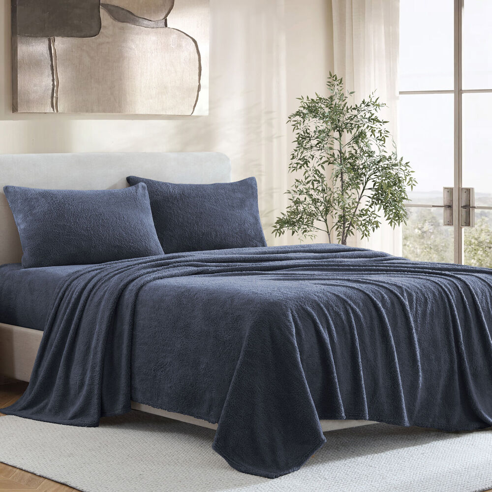 Ardor Boudoir Teddy Fleece Bed Sheet w/ Pillowcase Set - Navy
