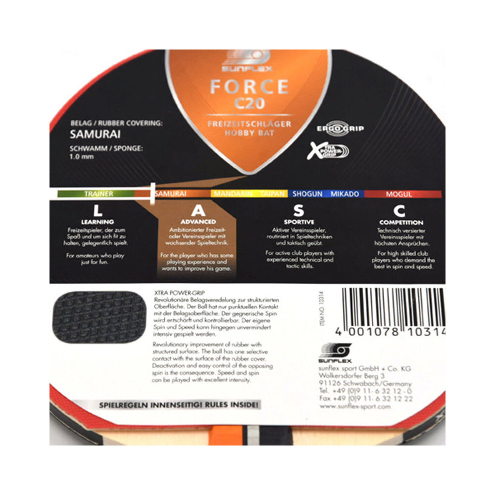 Sunflex 1mm Sponge Pips In Force C20 Model Table Tennis Bat/Paddle Rough Top — image 2