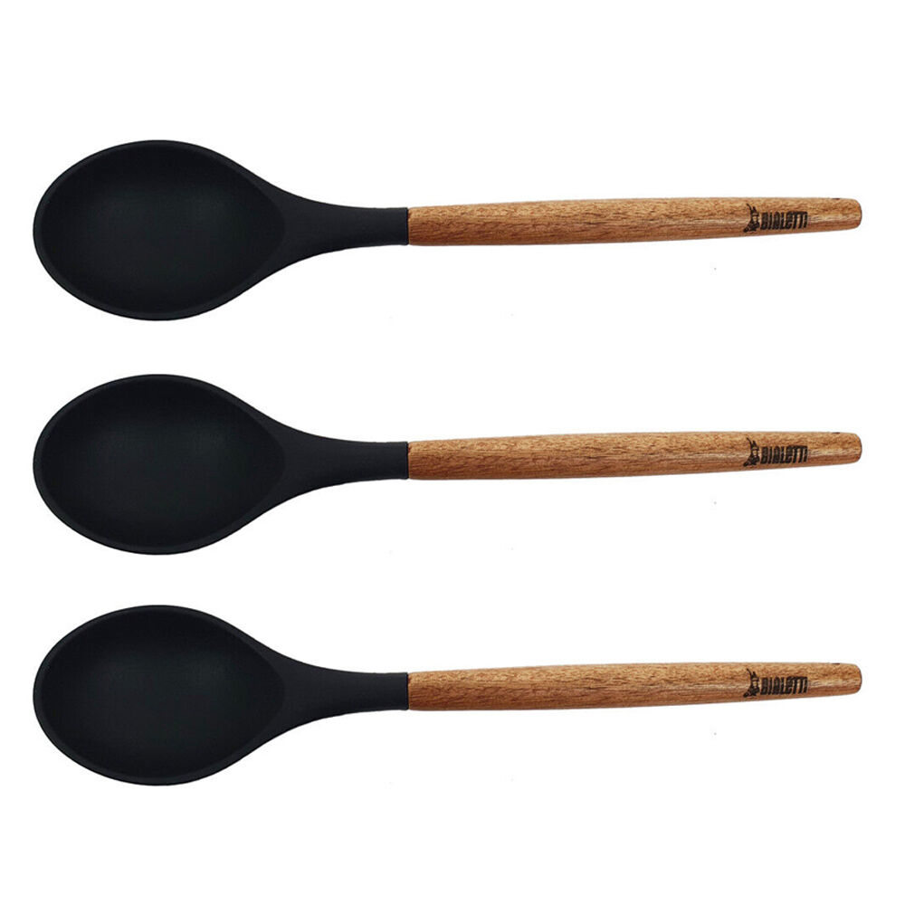 Bialetti St. Clare Black Silicone Solid Spoon w/ Acacia Handle Cookware 31cm (3 Pack)