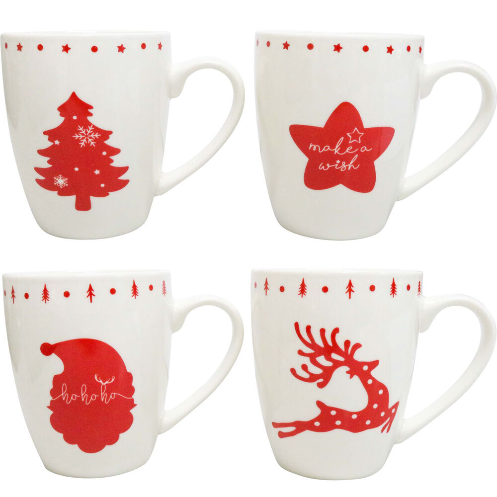 LVD Christmas New Bone China Drinking Mugs Gift Set 5.5x10cm Red/White (4 Pieces)
