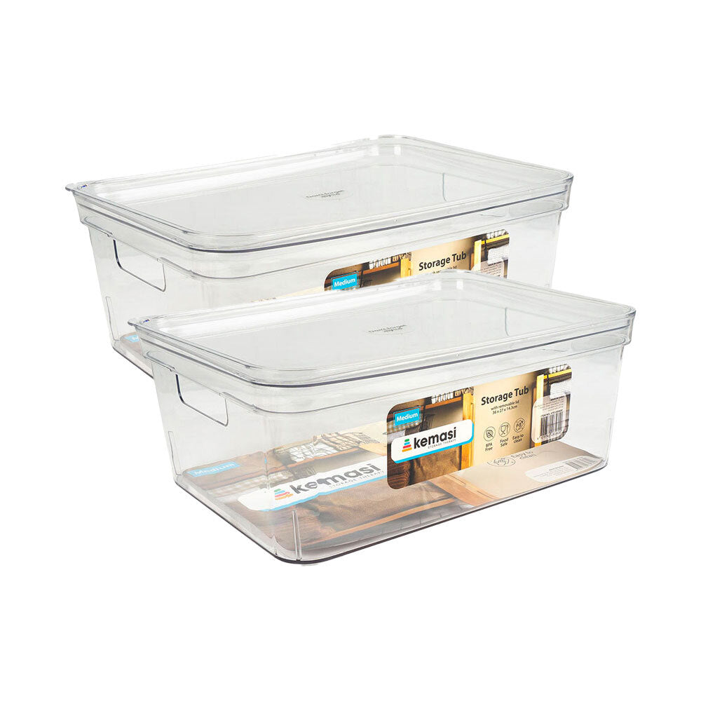 Kemasi Clear Pantry Storage Organisation Tub W/Lids Medium (2 Pack)