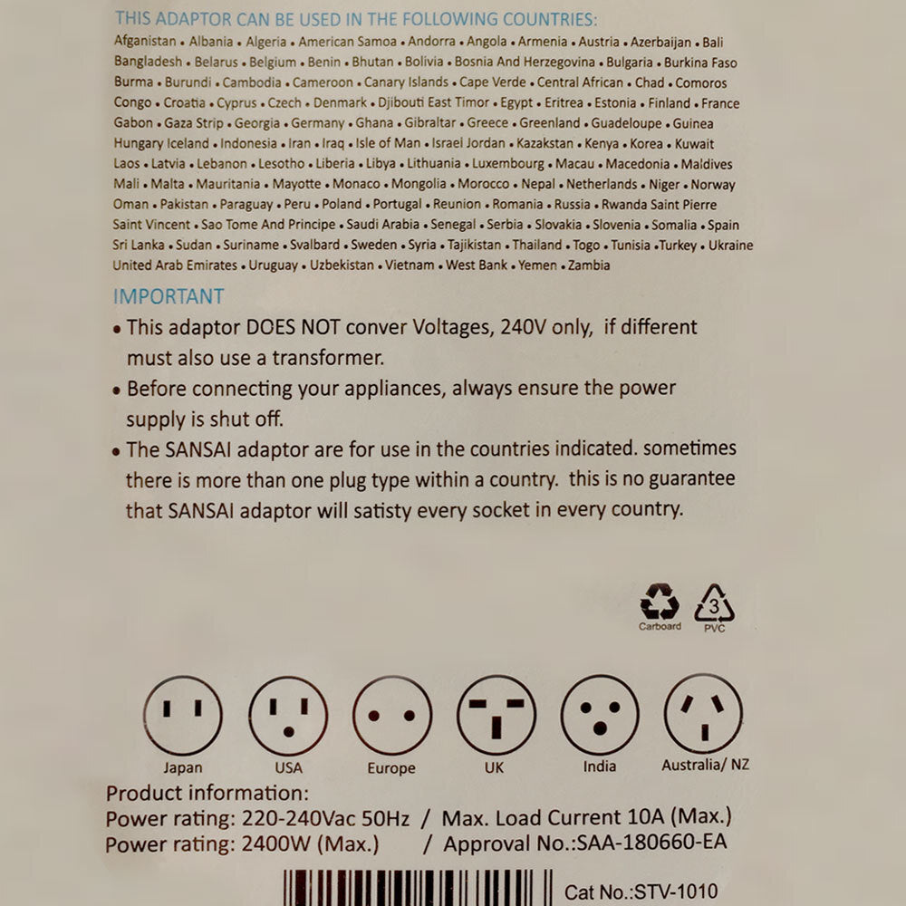 Sansai Travel Power Adapter Outlet AU/NZ Socket to Plug Asia EU/Bali/Middle East — image 3
