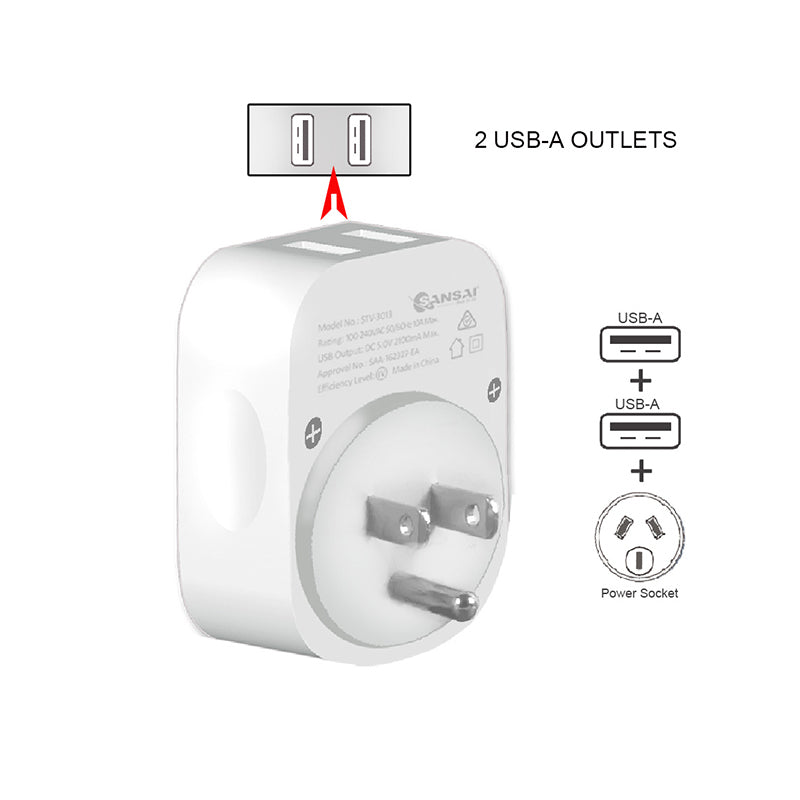 Sansai Surge Protected Travel Adapter w/ 2 x USB Ports - Au/usa Region White — image 3