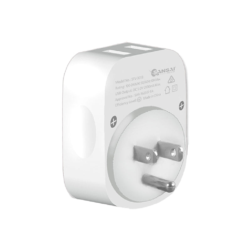 Sansai Surge Protected Travel Adapter w/ 2 x USB Ports - Au/usa Region White