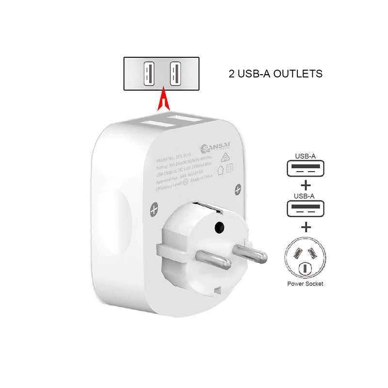Sansai Surge Protected Travel Adapter w/ 2 x USB Ports - AU/Europe Region — image 3
