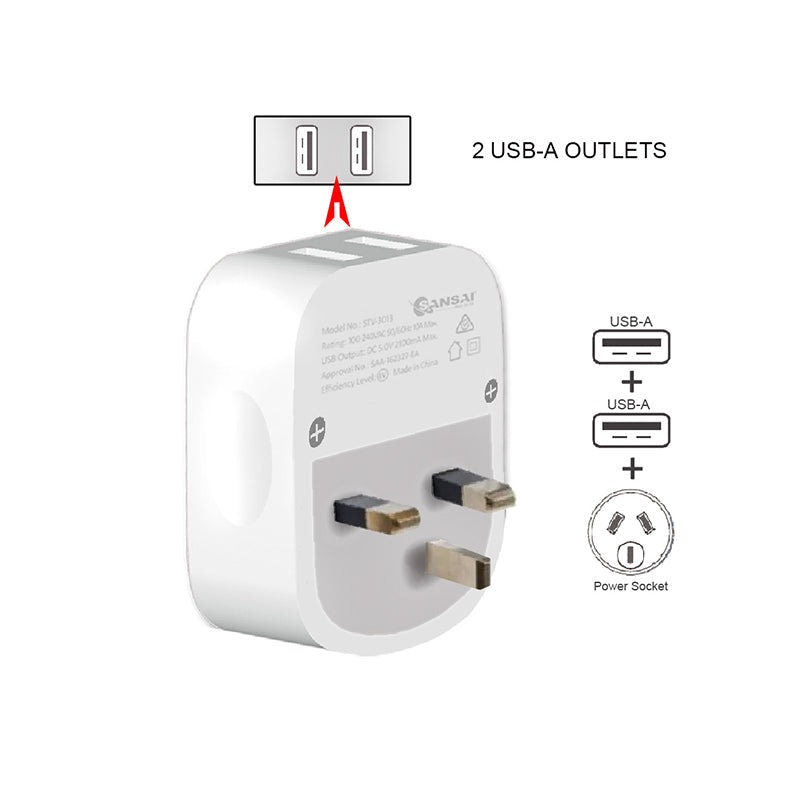 Sansai Surge Protected Travel Adapter w/ 2 x USB Ports - AU/UK Region White — image 3
