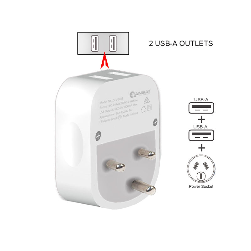 Sansai Surge Protected Travel Adapter w/ 2 x USB Ports - AU/India Region — image 3