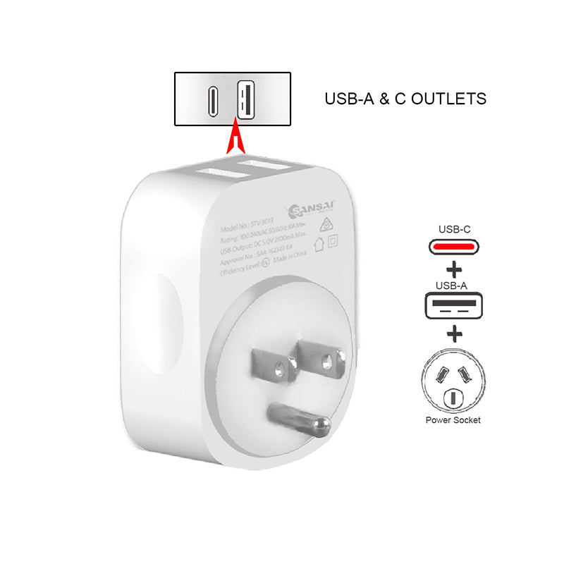 Sansai Travel Adapter w/Surge Protection And USB-C + a Port - Au/usa Region — image 3