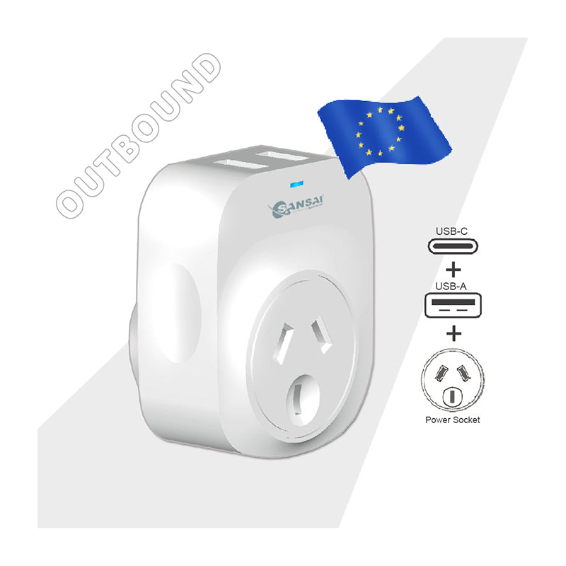 Sansai Travel Adapter w/Surge Protection And USB-C + a Port - AU/Europe Region — image 2