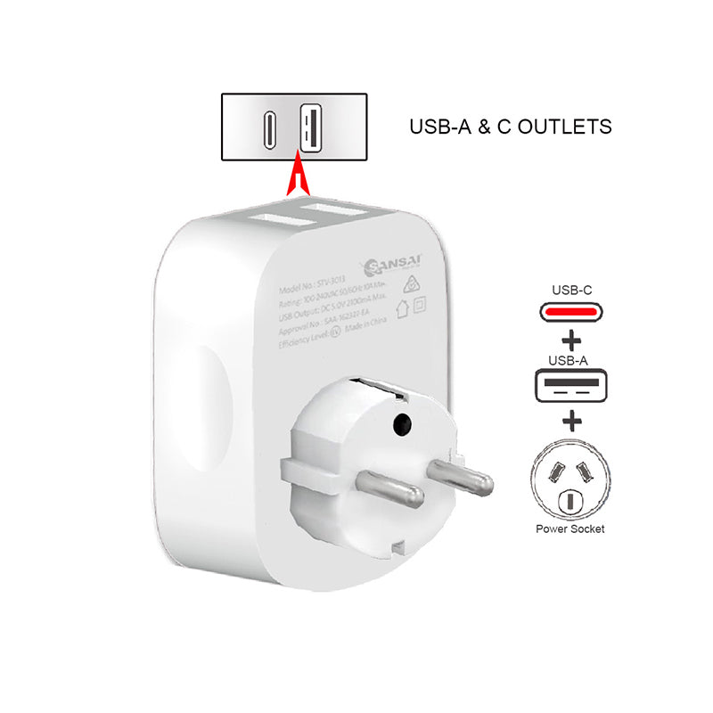 Sansai Travel Adapter w/Surge Protection And USB-C + a Port - AU/Europe Region — image 3