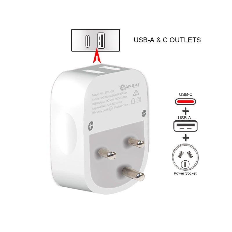 Sansai Surge Protected Travel Adapter with USB-C And USB-A Port AU ZA Region — image 3