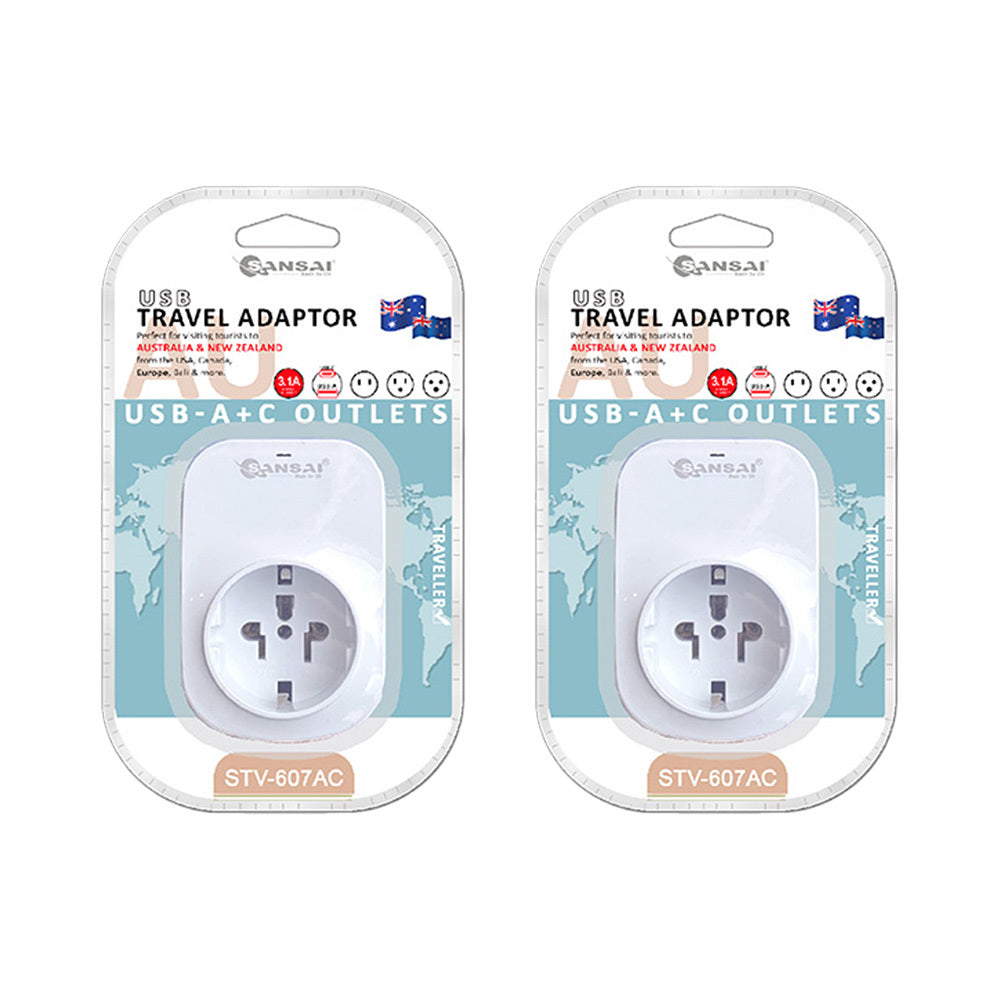 Sansai Worldwide Travel Adaptor Usb-c+a USA/Canada/Europe to AU/NZ Plug (2 Pack)