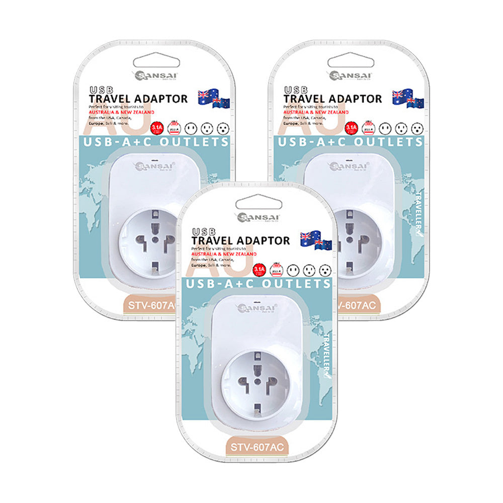 Sansai Worldwide Travel Adaptor Usb-c+a USA/Canada/Europe to AU/NZ Plug (3 Pack)