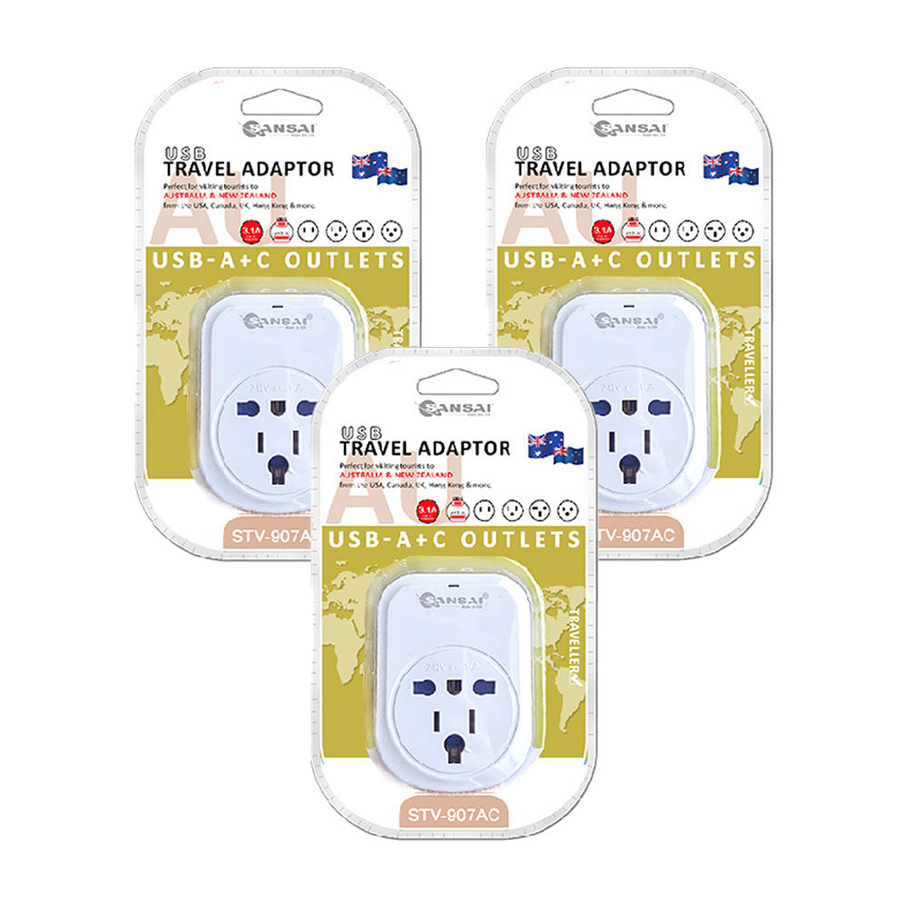 Sansai Worldwide Travel Power Adaptor Usb-c+a Uk/usa to AU/NZ Plug (3 Pack)
