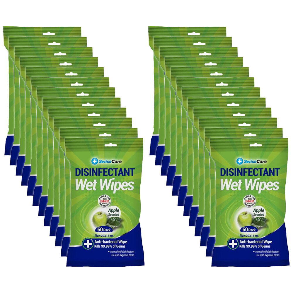 Swisscare 60pc SwissCare Antibacterial Disinfectant Cleaning Wet Wipes Apple Scented (24 Pack)