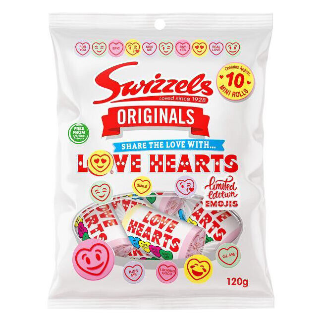 Swizzels Originals Love Hearts Mini Rolls Lollies 120g Confectionery (10 Pieces)