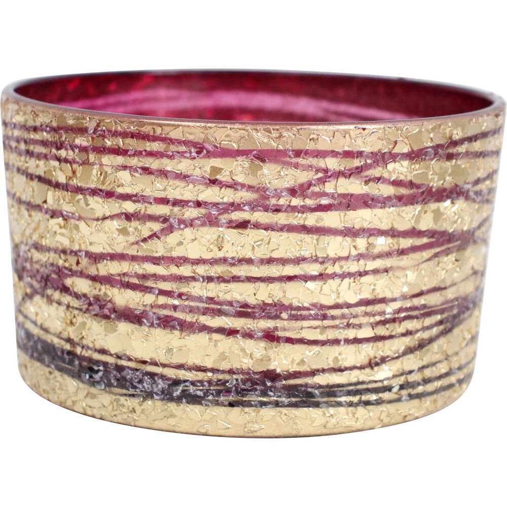 LVD Glass Votive Candle Holder Tabletop Home Decor 13cm Cranberry Ribbon Gold